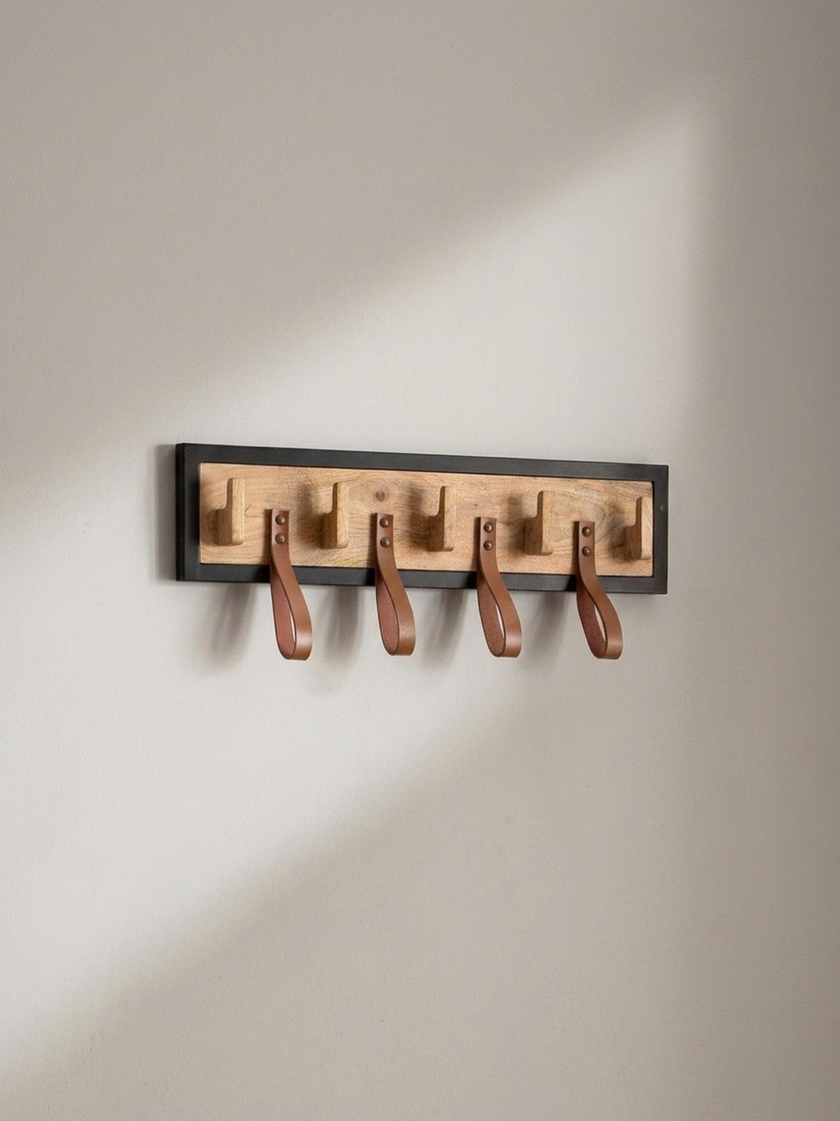 WANDGARDEROBE Mango Massivholz Echtleder Modern 60x15x6 cm mit Schlaufen - Braun, Leder (60/15/6cm) - KADIMA DESIGN