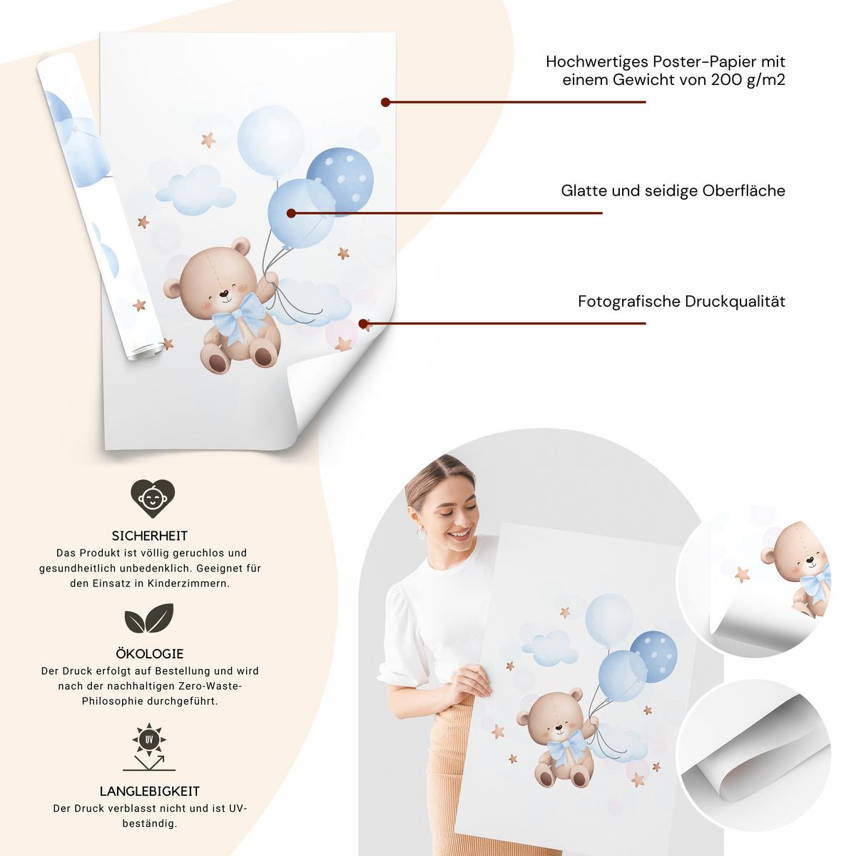 POSTER SET für Kinderzimmer Teddybären blauen Ballons Wolken Sterne 3x Poster A3 30x42cm - Gelb/Beige, Papier (30/42/1cm) - Muralo