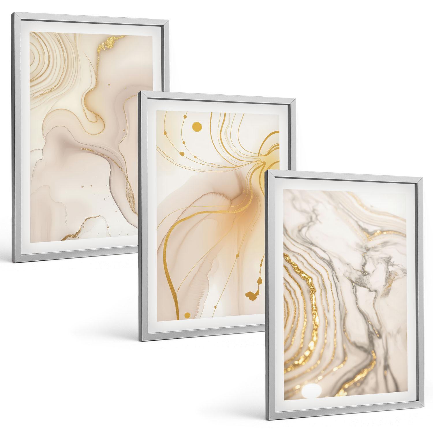 BILDER SET 3er Set - 40x60 cm Silberner Rahmen - Subtile abstrakte Muster - Silberfarben, Kunststoff (40/60cm) - TULUP
