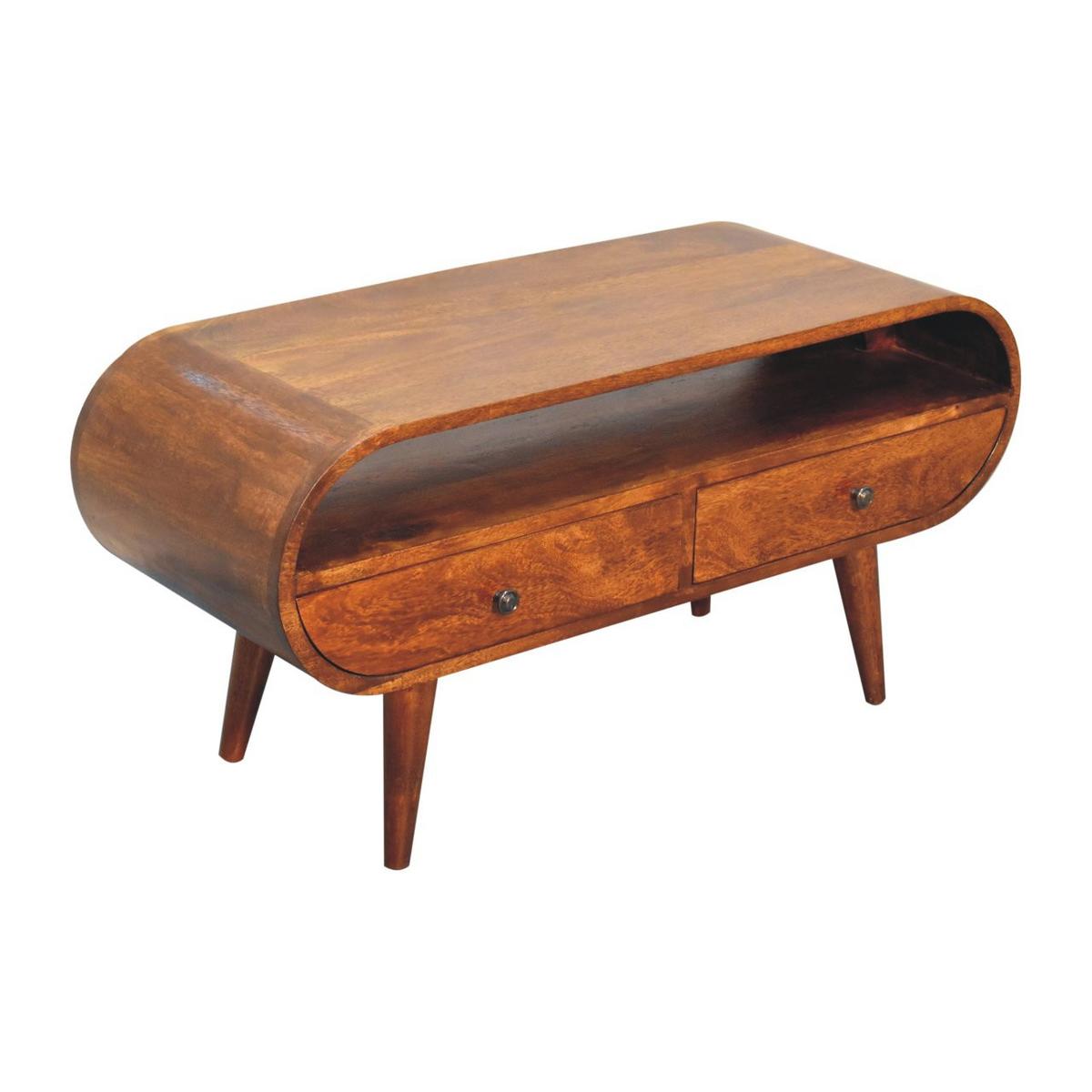 RUNDER TV-Ständer im Kastanienholz-Finish, 2 Schubladen, 1 Offenes Fach, Nordische Beine - Kastanienfarben/Messingfarben, Holz/Metall (90/45/35cm) - Artisan Furniture