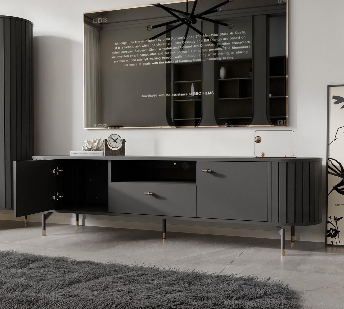 TV-LOWBOARD geriffelt, mit Schublade, Schwarz - Schwarz, Holzwerkstoff (180/49/40cm) - Idohome