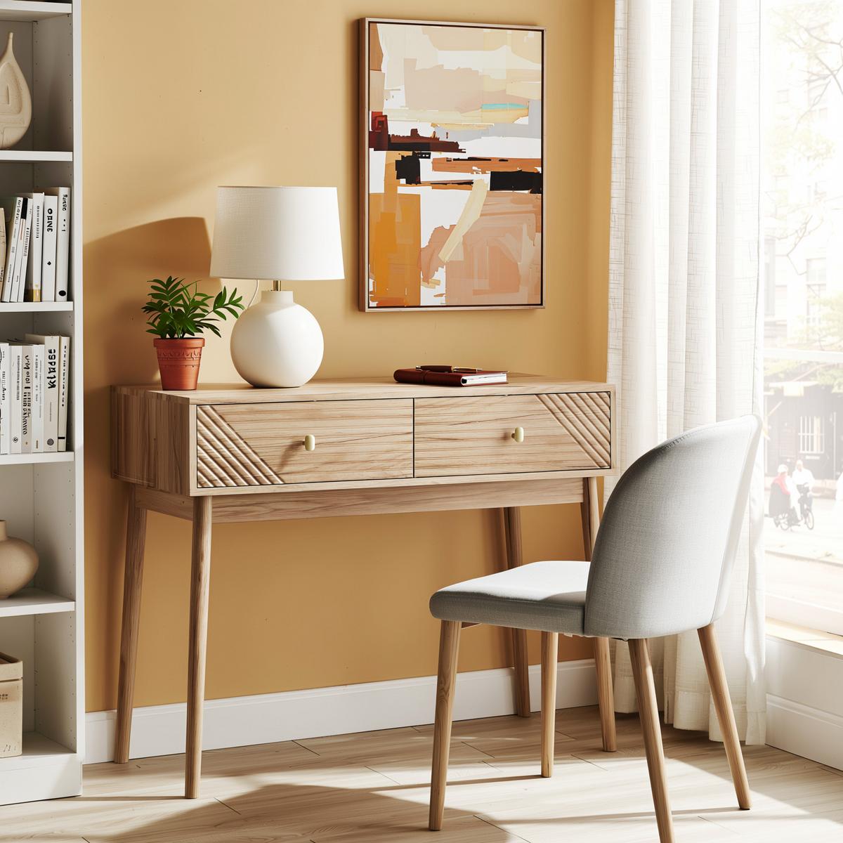 SCHMINKTISCH Moderner 100 cm Eiche Natur & Massivholz – Frisiertisch mit 2 Wellen-Schubladen im Mid-Century-Stil - Eichefarben, Holzwerkstoff (100/80/35cm) - Urban Meuble