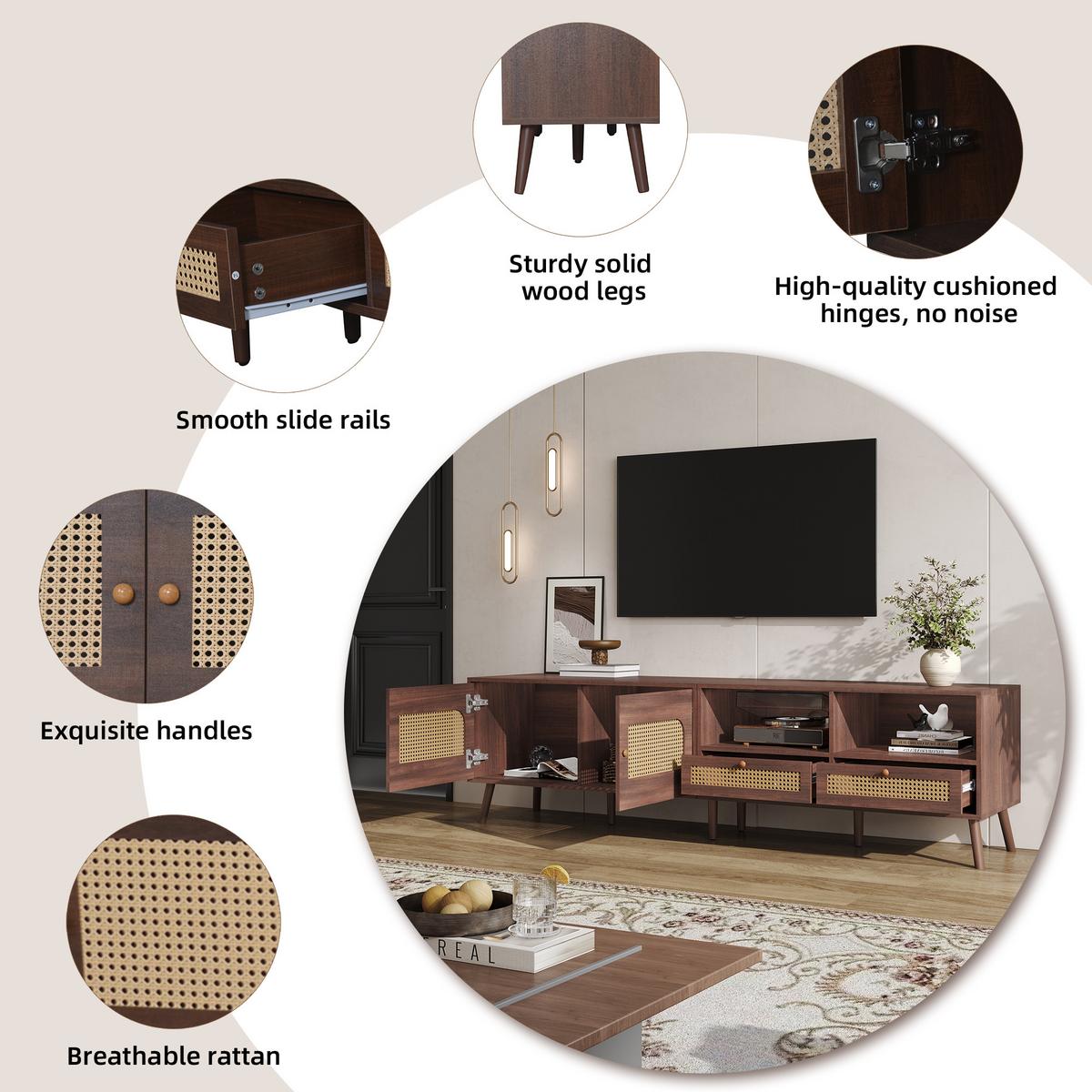 LOWBOARD Retro Rattan-Design, 200/37/49.5cm - Walnussfarben, Holzwerkstoff (200/50/37cm) - Urban Meuble