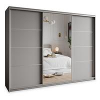 SCHWEBETÜRENSCHRANK VARO 250/205/60 cm 3-türig mit Spiegel und Schubladen Graphitfarben - Graphitfarben/Nickelfarben, Holzwerkstoff (250/205/60cm) - MASSENO