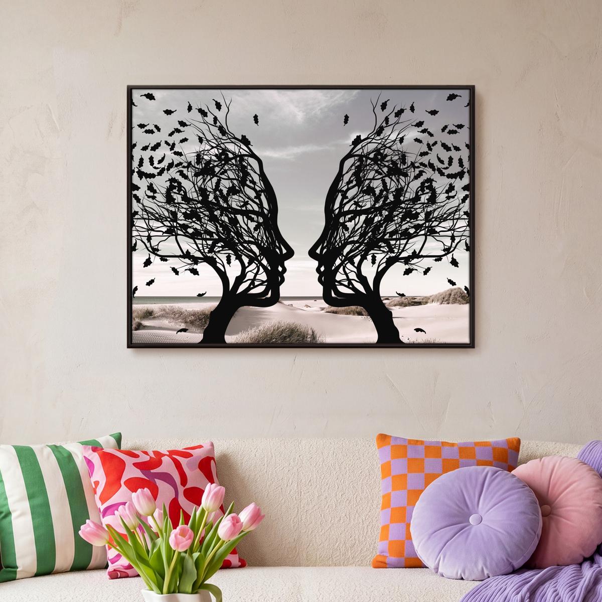 LEINWAND Bilder mit Rahmen - Strand - Meer - Menschen - Baum - Moderne Kunst - 70x50 - Hellgrau, Textil (70/50cm) - MuchoWow