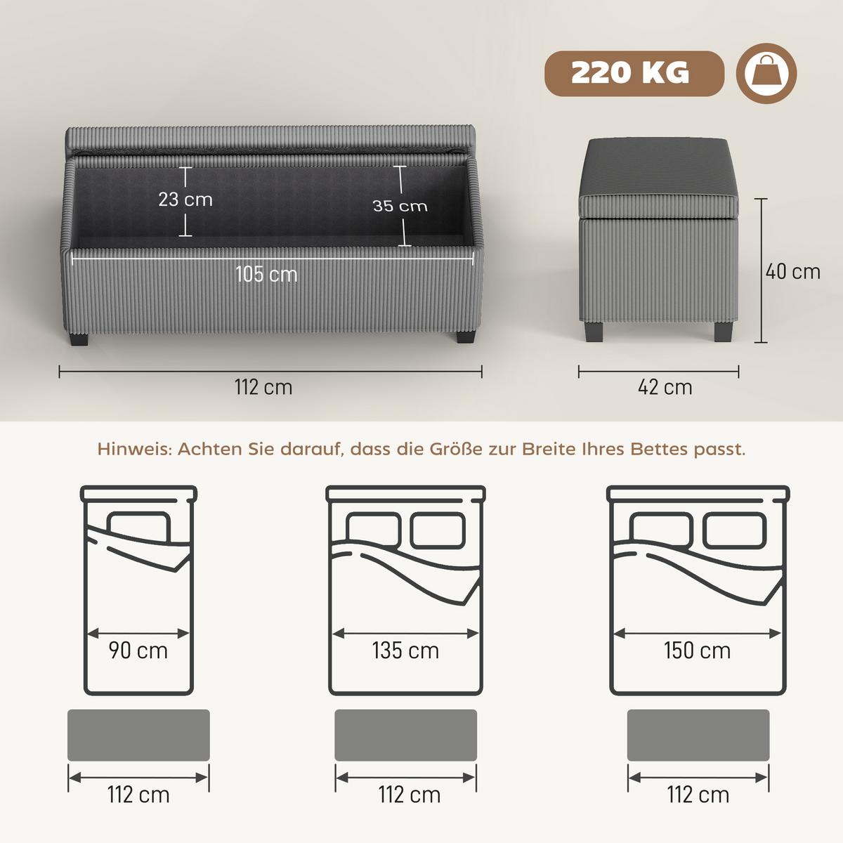 TRUHENBANK 112 x 42 x 40 cm mit abnehmbarem Deckel, Grau - Schwarz/Grau, Textil/Metall (42/40/112cm) - HOMCOM