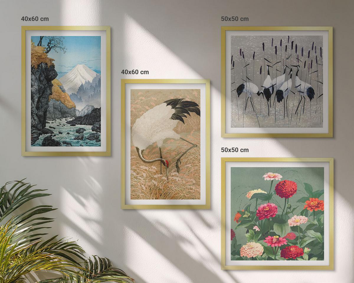 BILDER SET 4er Set - 50x50 cm & 40x60 cm Goldrahmen - Berge, Fluss, Blumen, Kraniche - Goldfarben, Kunststoff (50/50cm) - TULUP