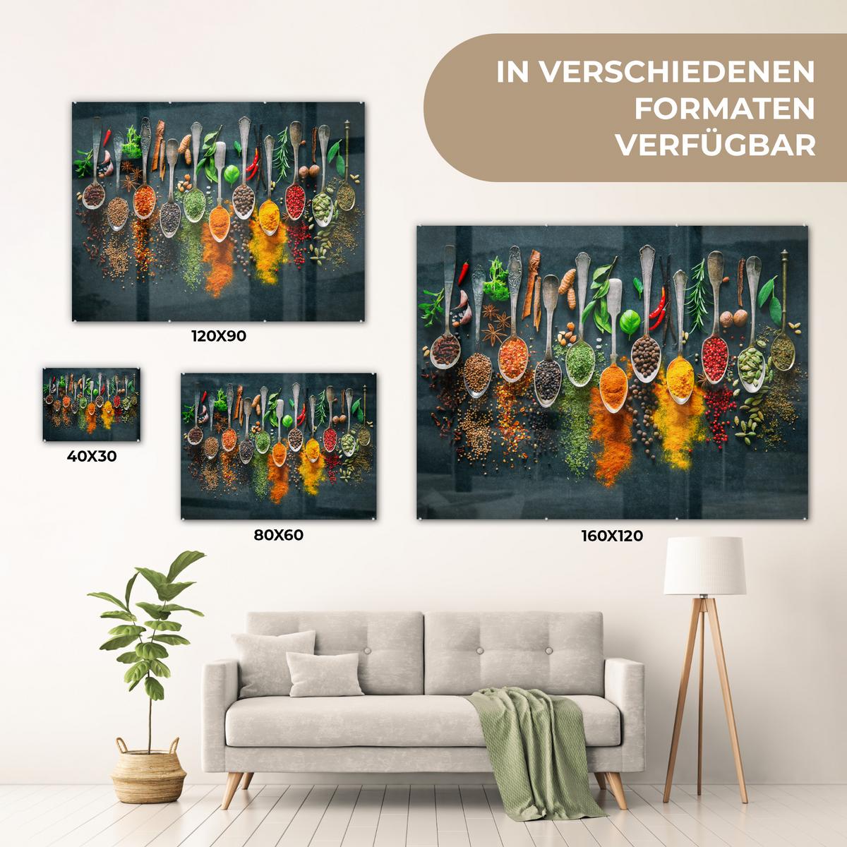 ACRYLGLASBILD Kräuter - Gewürze - Löffel 80x60 cm - Currygelb, Glas (80/60cm) - MuchoWow