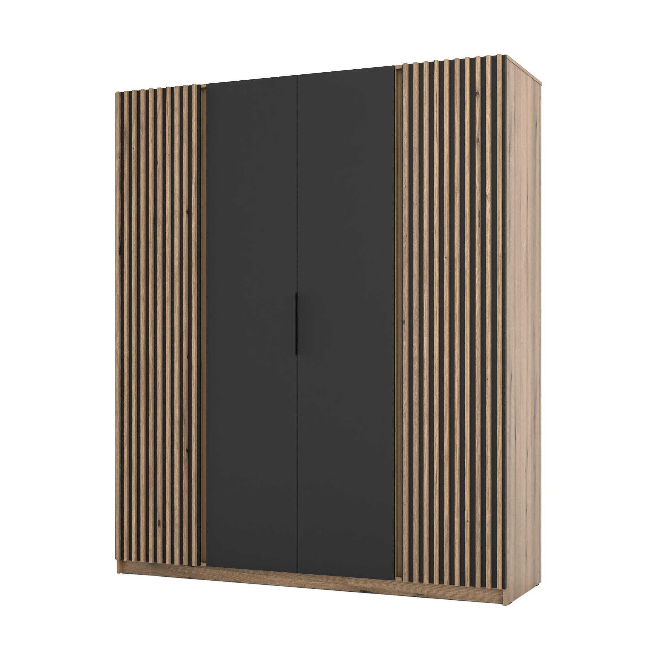 KLEIDERSCHRANK Nehir Korpus Eiche Evoke, Front Schwarz/Eiche Evoke 200 cm - 4T Modern mit 2 Lamellentüren außen - Eichefarben/Schwarz, Holzwerkstoff/Kunststoff (200/239/61.9cm) - AX Living