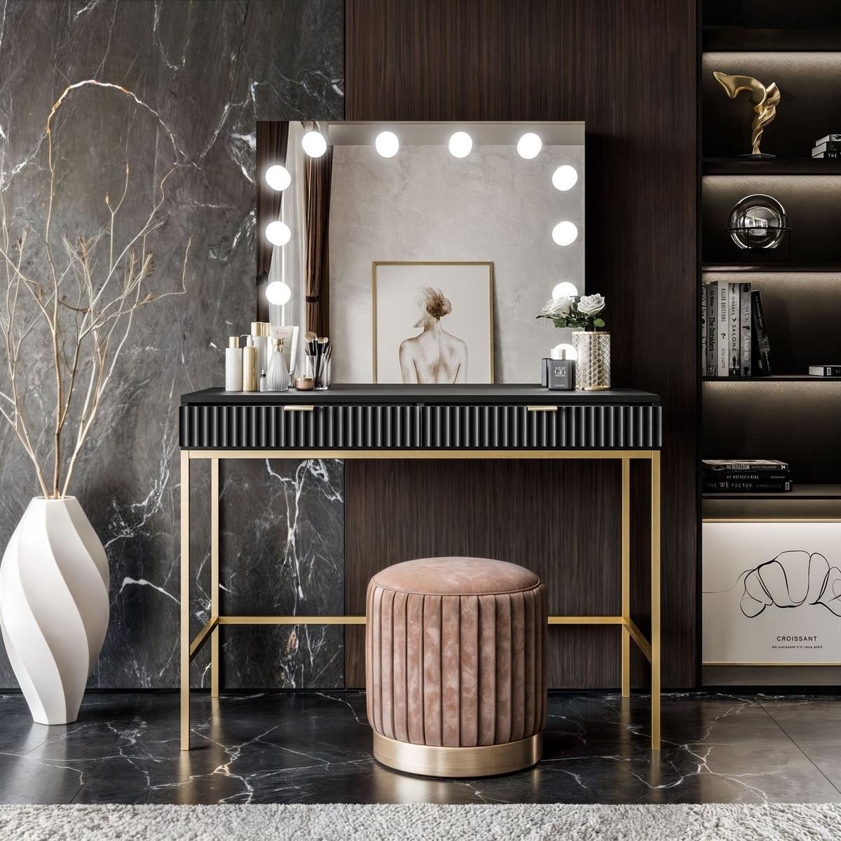 SCHMINKTISCH MIT SPIEGEL CORTADO ELITE GOLD SCHWARZ - Schwarz, Holzwerkstoff (104/78/50cm) - Lookway