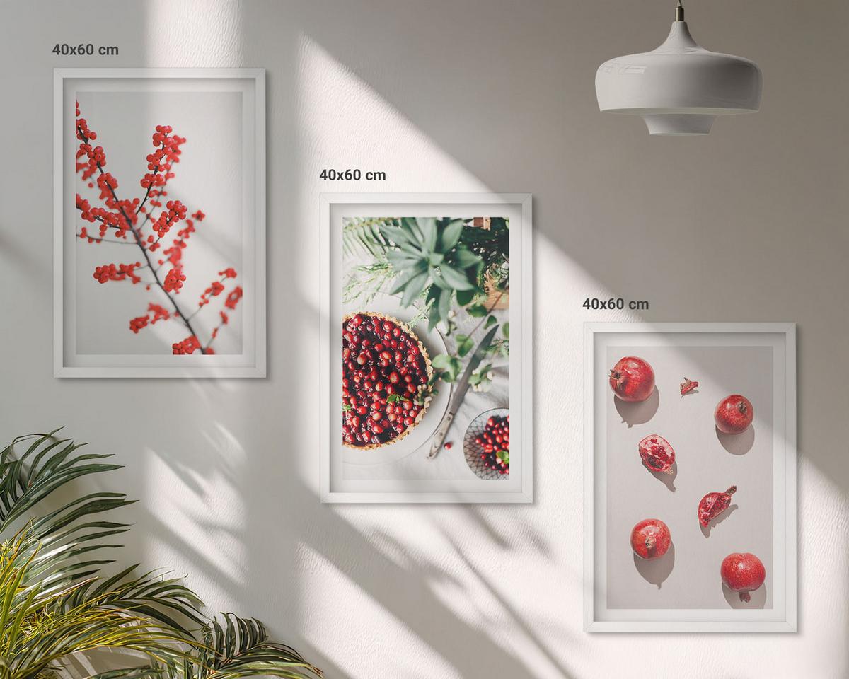 BILDER SET 3er Set - 40x60 cm Weißer Rahmen - Minimalismus der roten Früchte von Pflanzen - Weiß, Kunststoff (40/60cm) - TULUP
