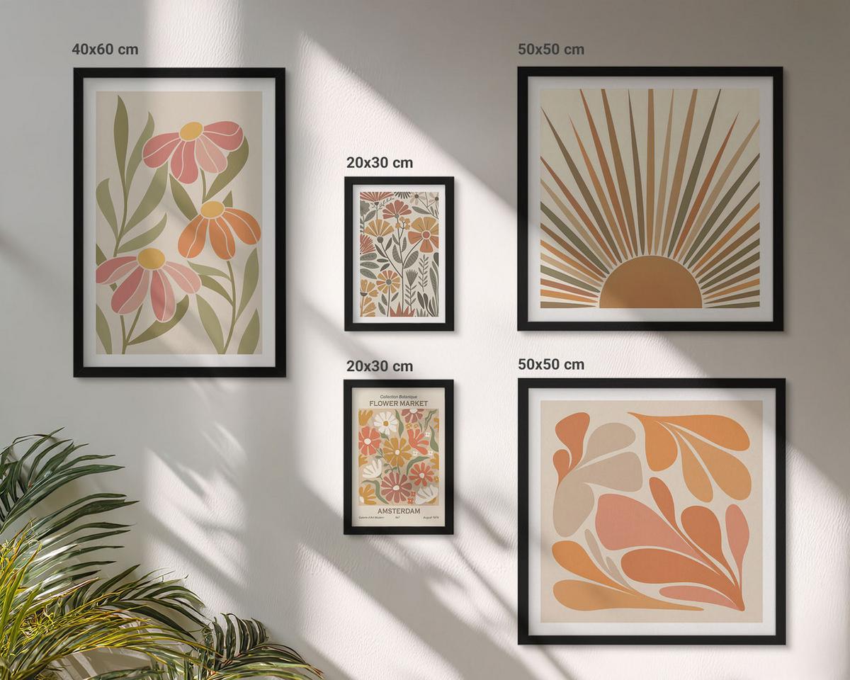 BILDER SET 5er Set - 50x50 cm & 20x30 cm & 40x60 cm Schwarzer Rahmen - Pastellfarbene Sonnenblumen - Schwarz, Kunststoff (40/60cm) - TULUP