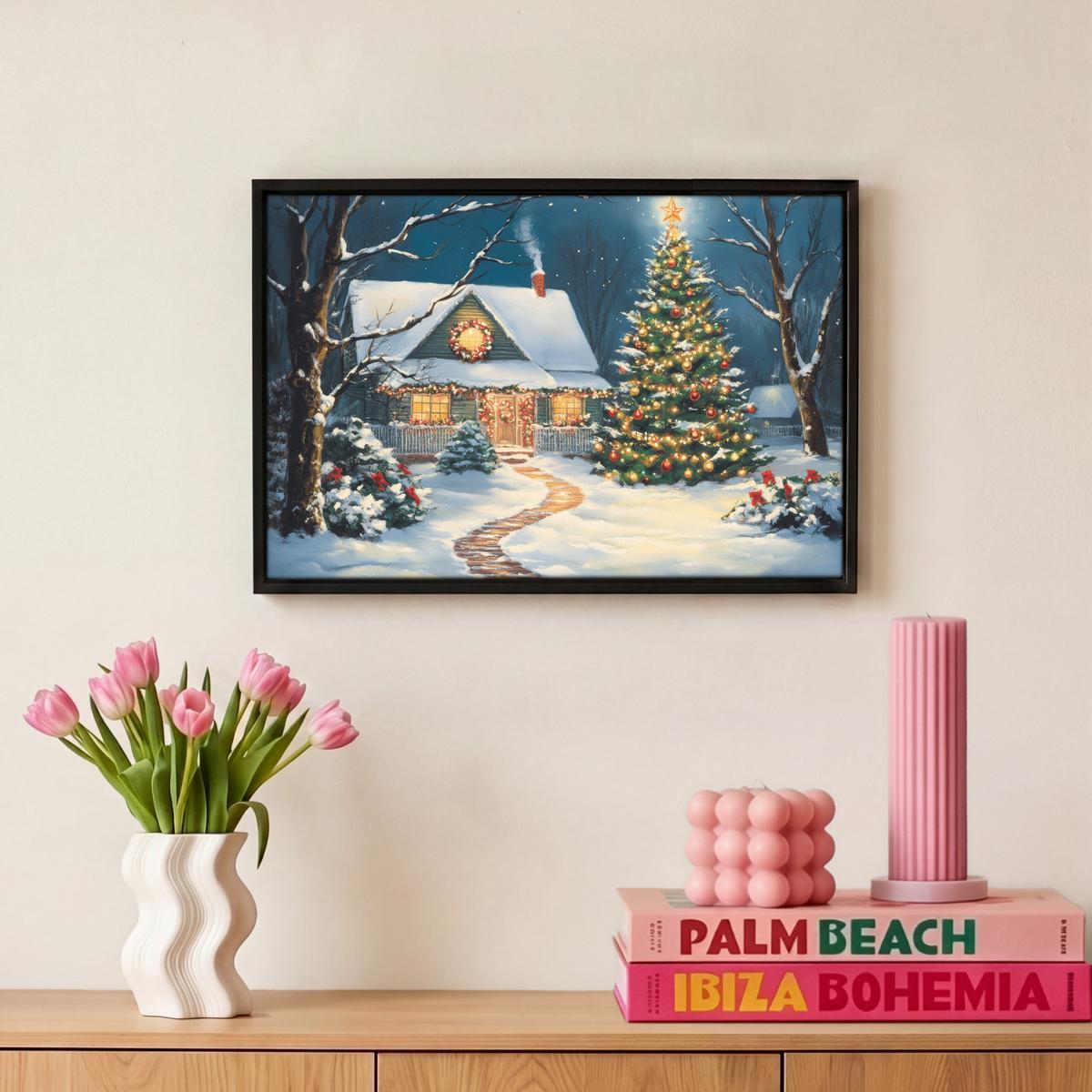 LEINWAND Bilder mit Rahmen - Weihnachten - Weihnachtsbaum - Winter - Zuhause - Schnee - 30x20 - Smaragdgrün, Textil (30/20cm) - MuchoWow