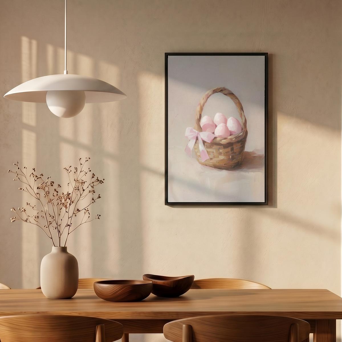 LEINWAND Bilder mit Rahmen - Korb - Eier - Rosa - 40x60 - Beige, Textil (40/60cm) - MuchoWow