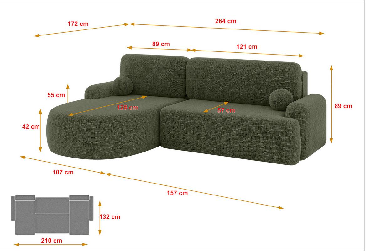 ECKSOFA mit Schlaffunktion und Bettkasten LIRA-L - 264x172x89 Grün - Grün, Holzwerkstoff/Textil (264/172cm) - ALTDECOR