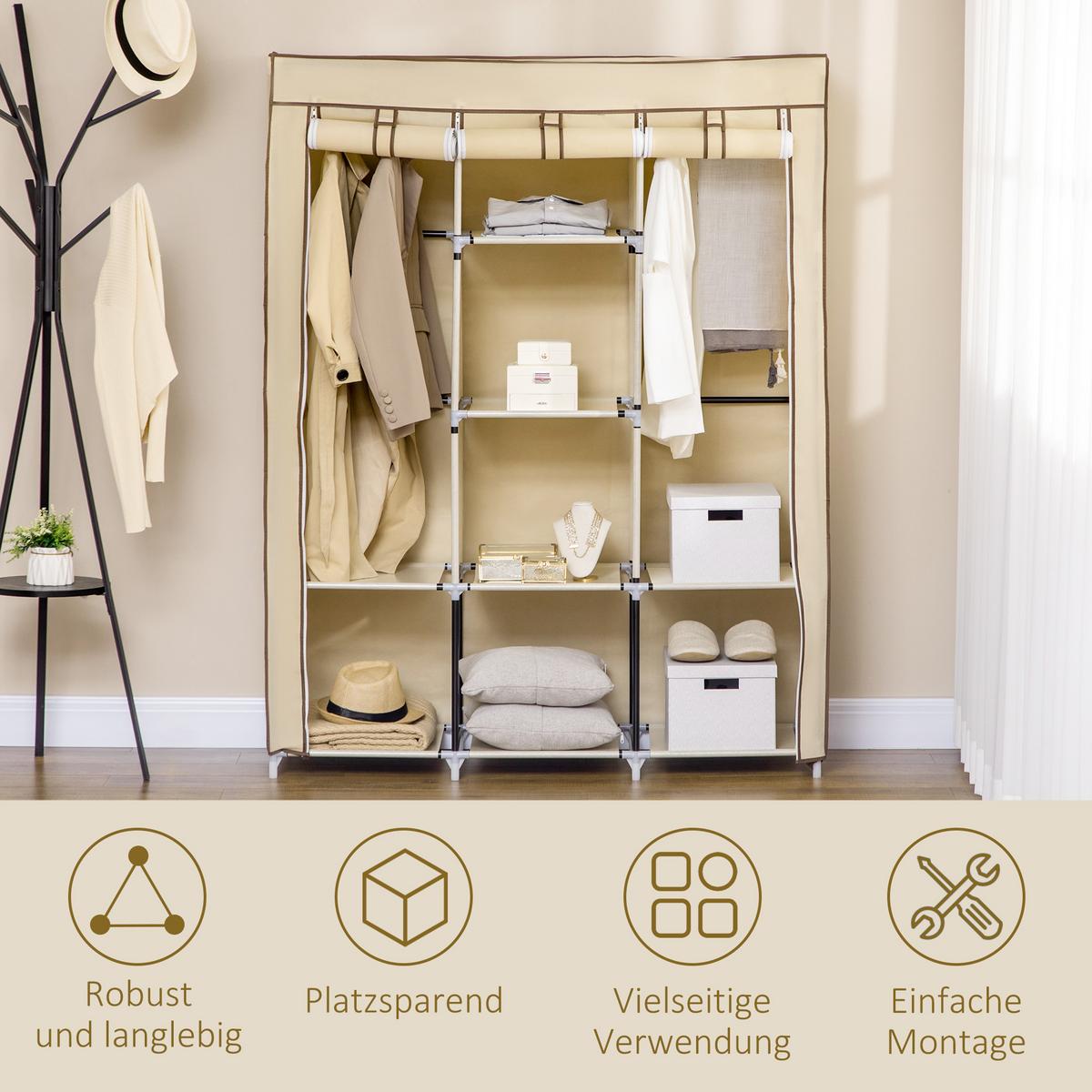 STOFFSCHRANK, Faltschrank, Kleiderschrank mit Kleiderstangen, 8 Ebenen Beige - Beige, Metall (43/162.5/125cm) - HOMCOM