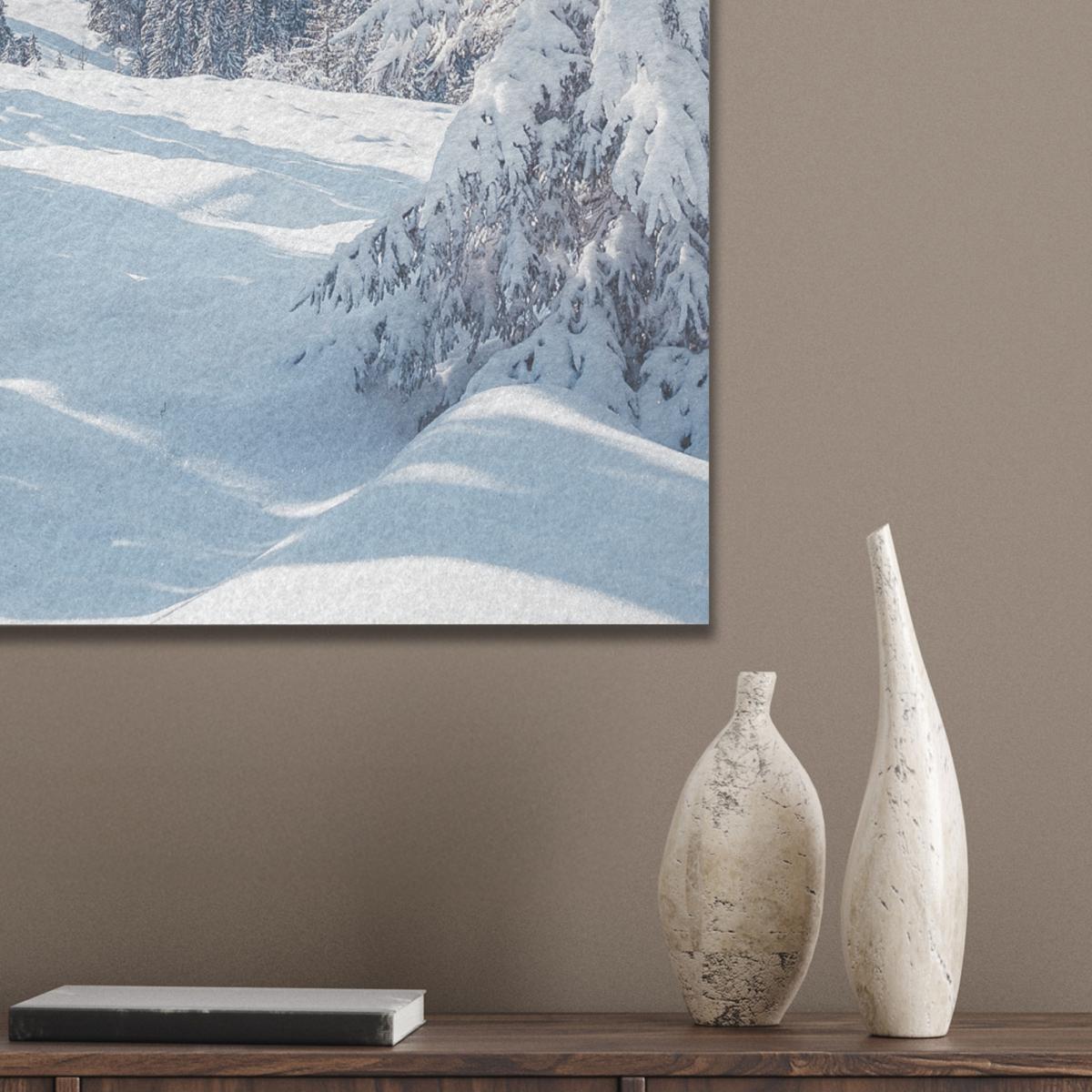 AKUSTIKBILD Winterlandschaft - Natur - Berge - Bäume - Schnee Kunstdruck Schlafzimmer 50x70 cm - Hellblau, Kunststoff (50/70/0.9cm) - MuchoWow