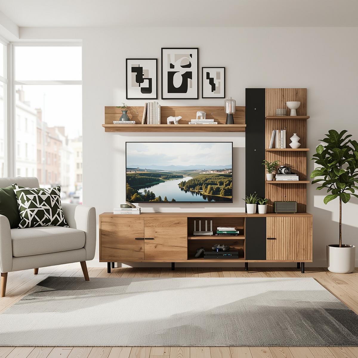 TV LOWBOARD set holz schwarz modern stauraum - Naturfarben, Holzwerkstoff (187.5/167/40cm) - Urban Meuble