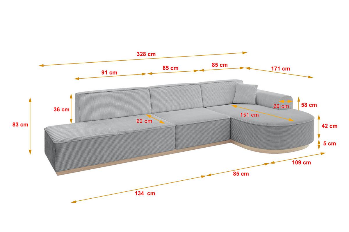 ECKSOFA Ottomane Rechts ARRIO-L2 - 328x171x83 cm Grau - Grau, Holzwerkstoff/Textil (328/171cm) - ALTDECOR