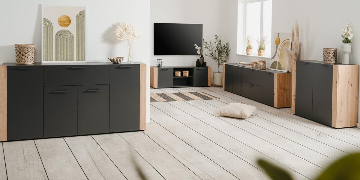 KOMMODE grau, Artisan Eiche 89 x 85 cm, Sideboard 2-türig - Anthrazit/Schwarz, Holzwerkstoff/Kunststoff (89/85/34.5cm) - Furn.Design