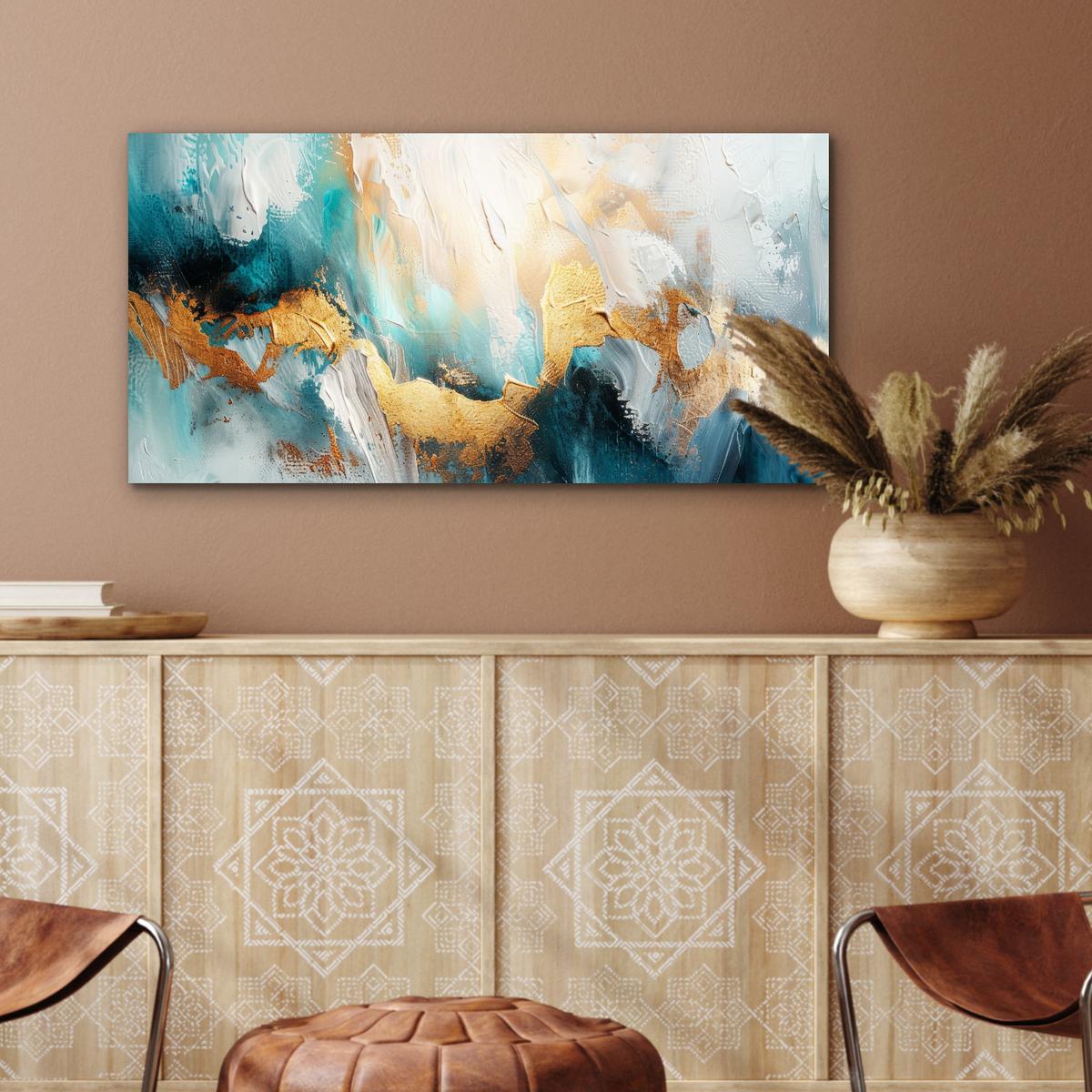 METALLBILD Abstrakt - Kunst - Gold - Blau 80x40 cm - Petrol, Metall (80/40cm) - MuchoWow