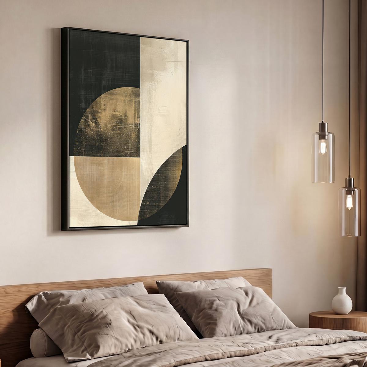 LEINWAND Bilder mit Rahmen - Abstrakt - Geometrische Formen - Schwarz - Gold - 70x100 - Ecru, Textil (70/100cm) - MuchoWow