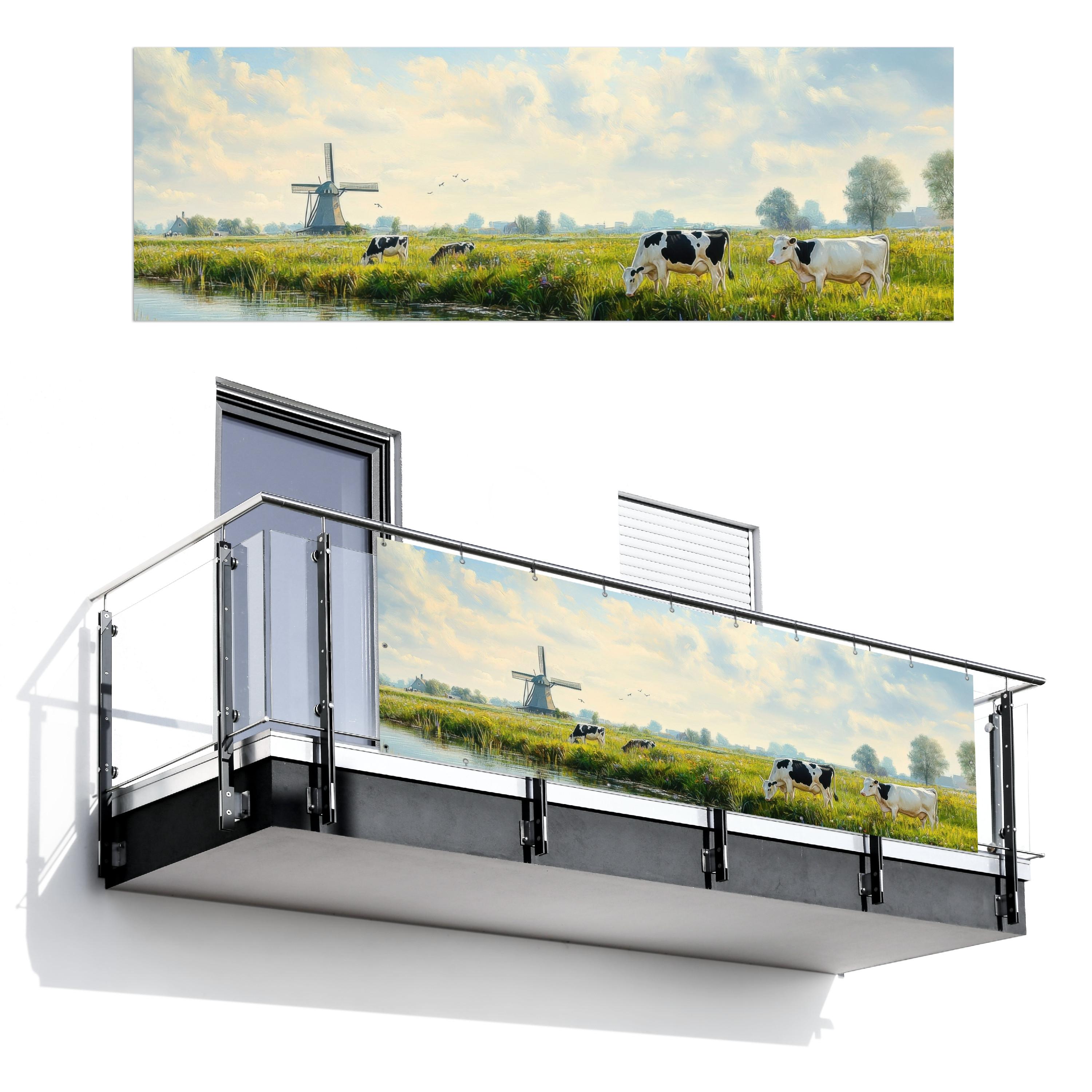BALKON-SICHTSCHUTZ Kühe - Windmühle - Wiese - Blau Windschutz 300x100 cm - Grün, Kunststoff (300/100cm) - MuchoWow