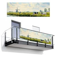 BALKON-SICHTSCHUTZ Kühe - Windmühle - Wiese - Blau Windschutz 300x100 cm - Grün, Kunststoff (300/100cm) - MuchoWow