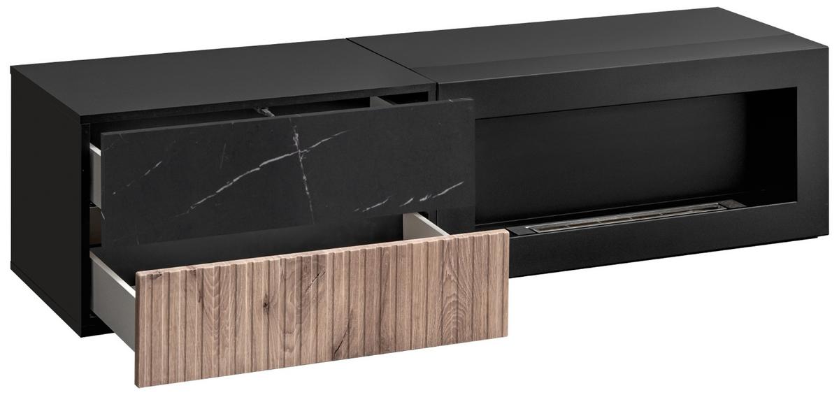 TV-LOWBOARD schwarz, Vicking Eiche, Marmor schwarz 160 x 42 cm, TV Unterteil mit Ethanol Kamin - Eichefarben/Schwarz, Holzwerkstoff/Kunststoff (160/42/45cm) - Inn.Furn