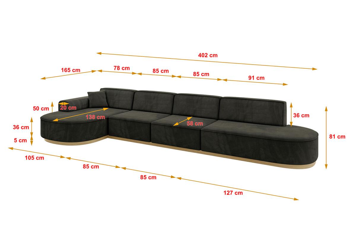 ECKSOFA Ottomane Links MARI-L3-v2 - 413x171x83 cm Schwarz Velours - Schwarz, Holzwerkstoff/Textil (413/171cm) - ALTDECOR