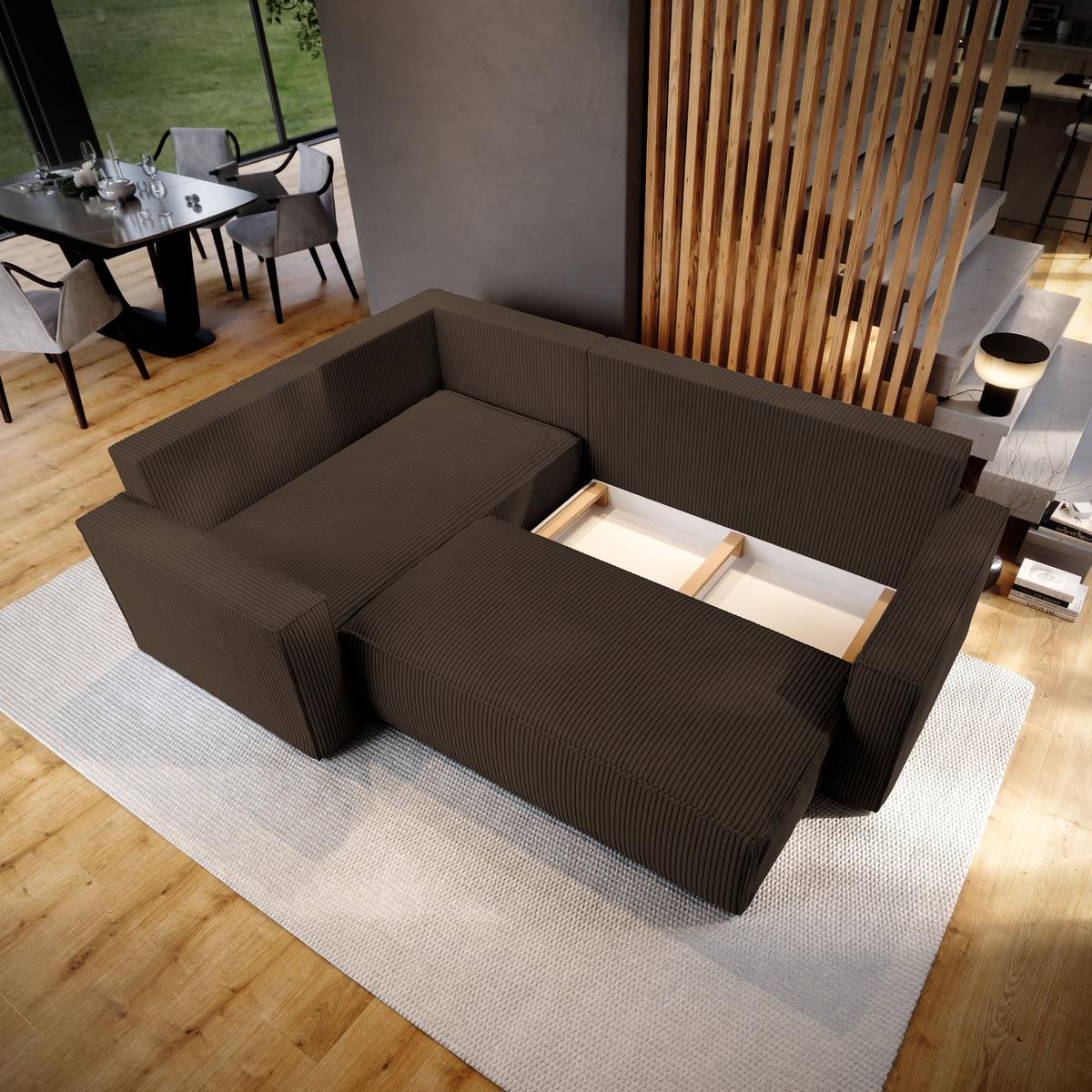 ECKSOFA ESTANO L-S Braun Kordstoff mit Schlaffunktion - Braun, Holz (230/158cm) - MASSENO
