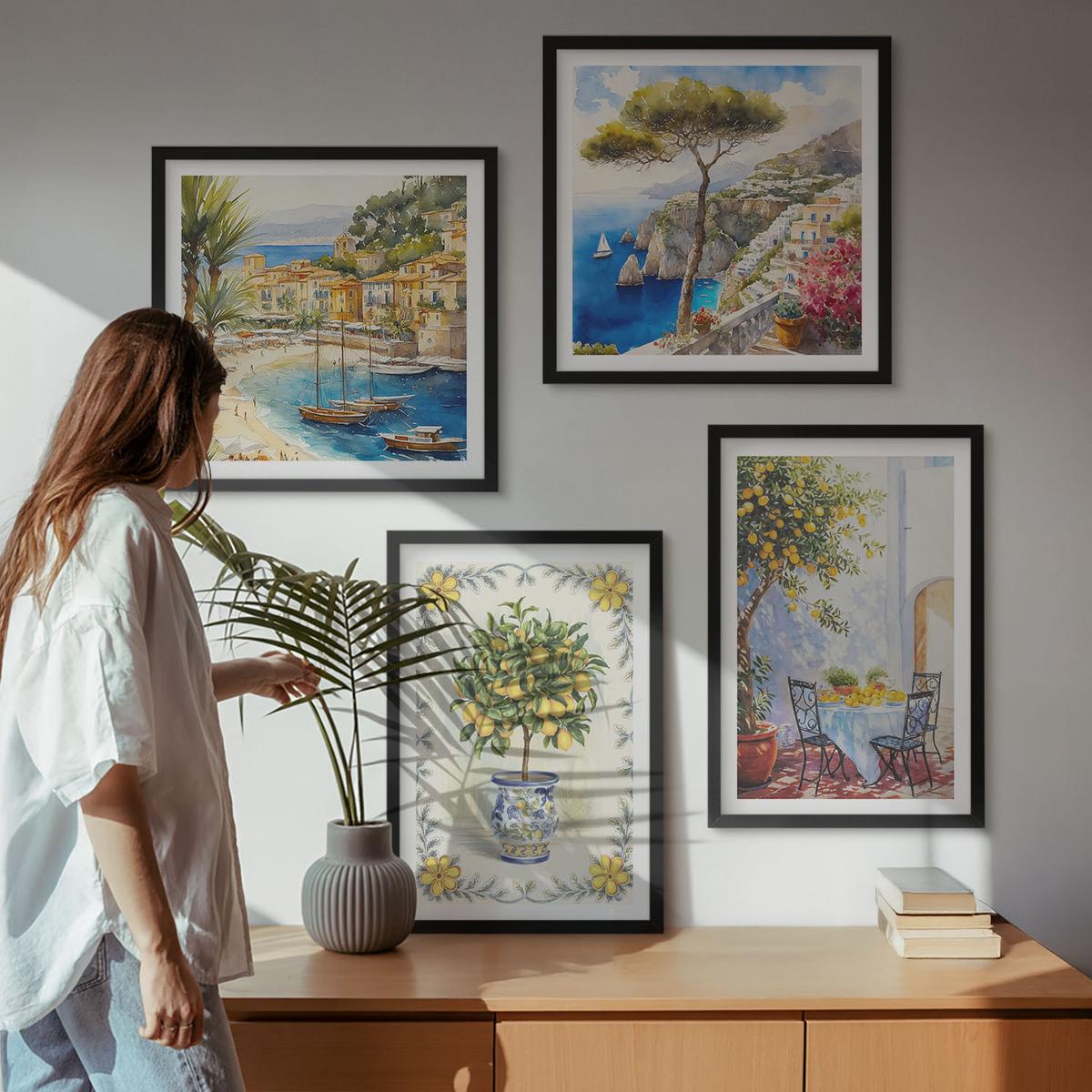 BILDER SET 4er Set - 50x50 cm & 40x60 cm Schwarzer Rahmen - Blick auf das Meer aus Zitronenbäumen - Schwarz, Kunststoff (50/50cm) - TULUP