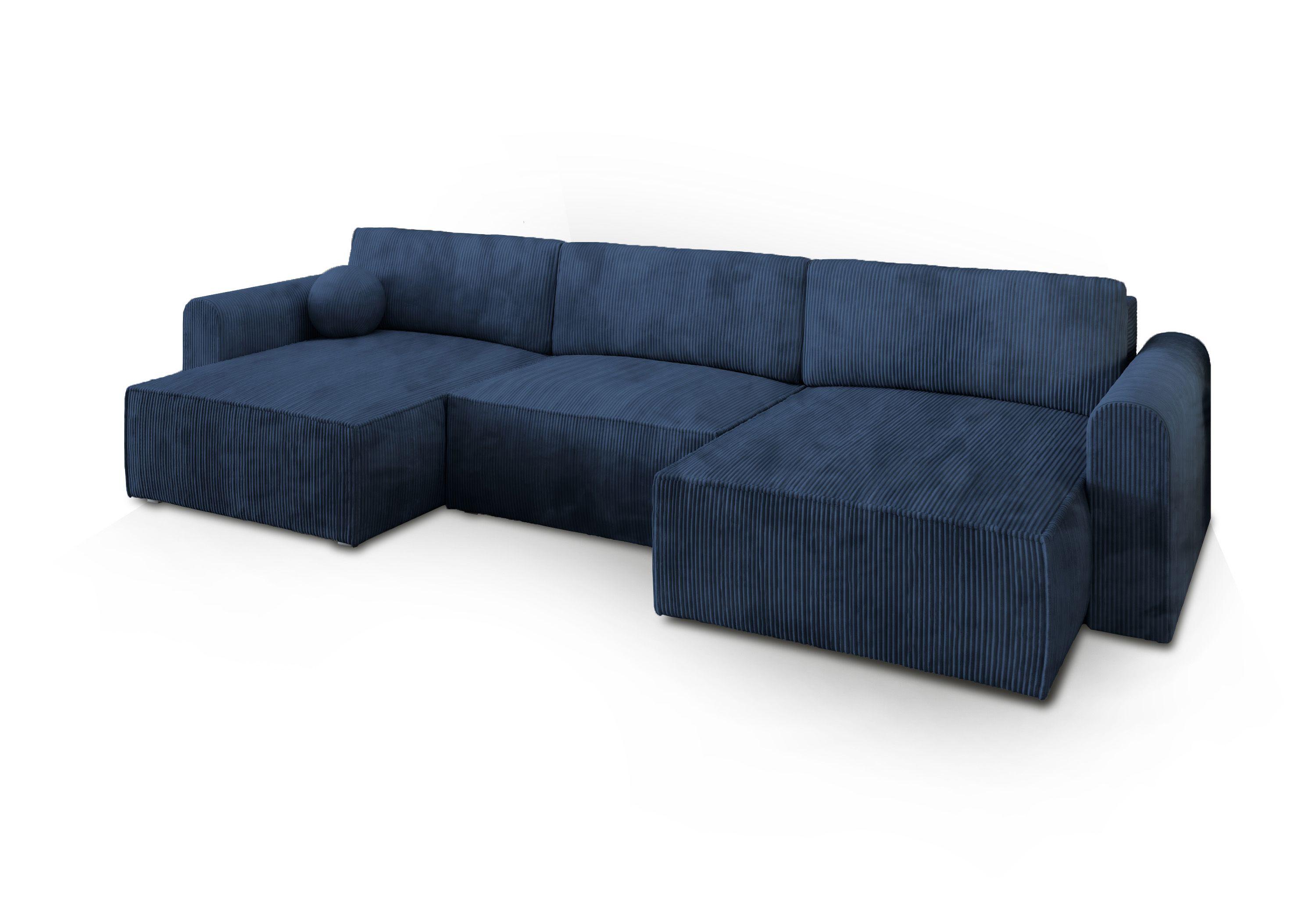 WOHNLANDSCHAFT FENTO P Blau Kordstoff mit Schlaffunktion - Blau/Grau, Holz/Kunststoff (347/90/148cm) - MASSENO