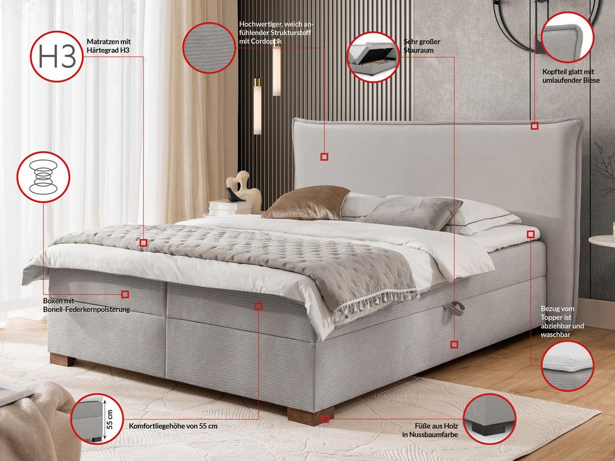 BOXBETT Lovetti, Strukturstoff mit Cordoptik, H3 - Dunkelbraun/Hellgrau, Holz/Kunststoff (140/200cm) - S-Style Möbel
