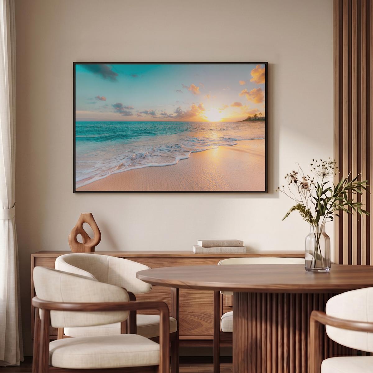 LEINWAND Bilder mit Rahmen - Sonnenuntergang - Strand - Meer - Sommer - Blau - 90x60 - Multicolor, Textil (90/60cm) - MuchoWow