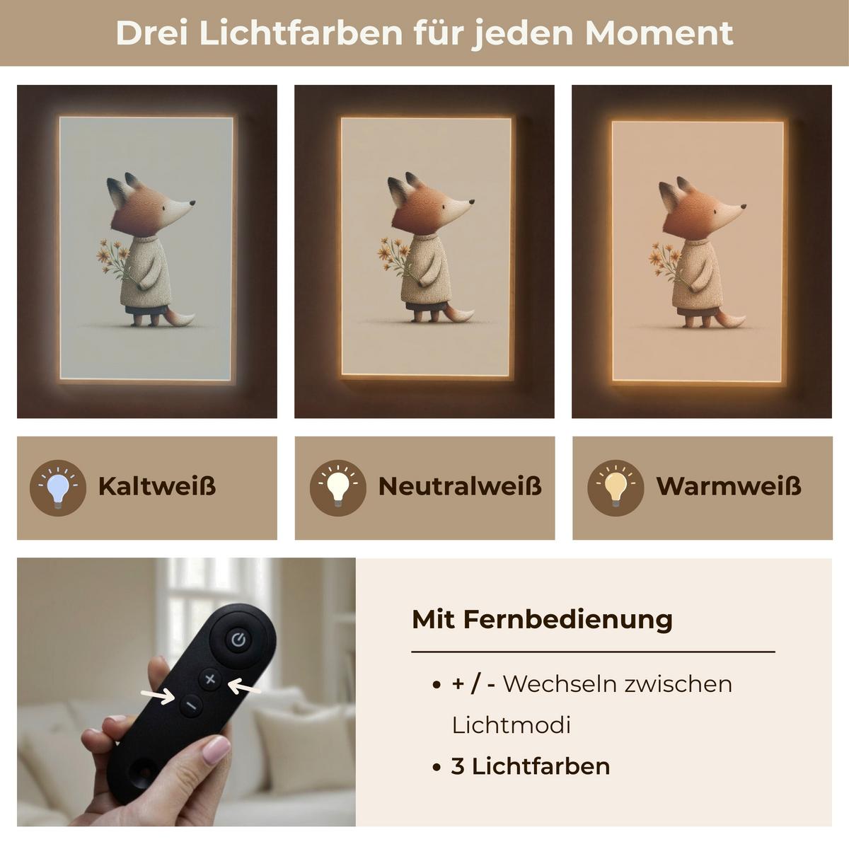 WANDLEUCHTE MIT AKKU Fuchs - Gelbe Blumen - Minimalistisch 60x90 cm - Taupe, Holzwerkstoff (60/90/8cm) - OnlyWow