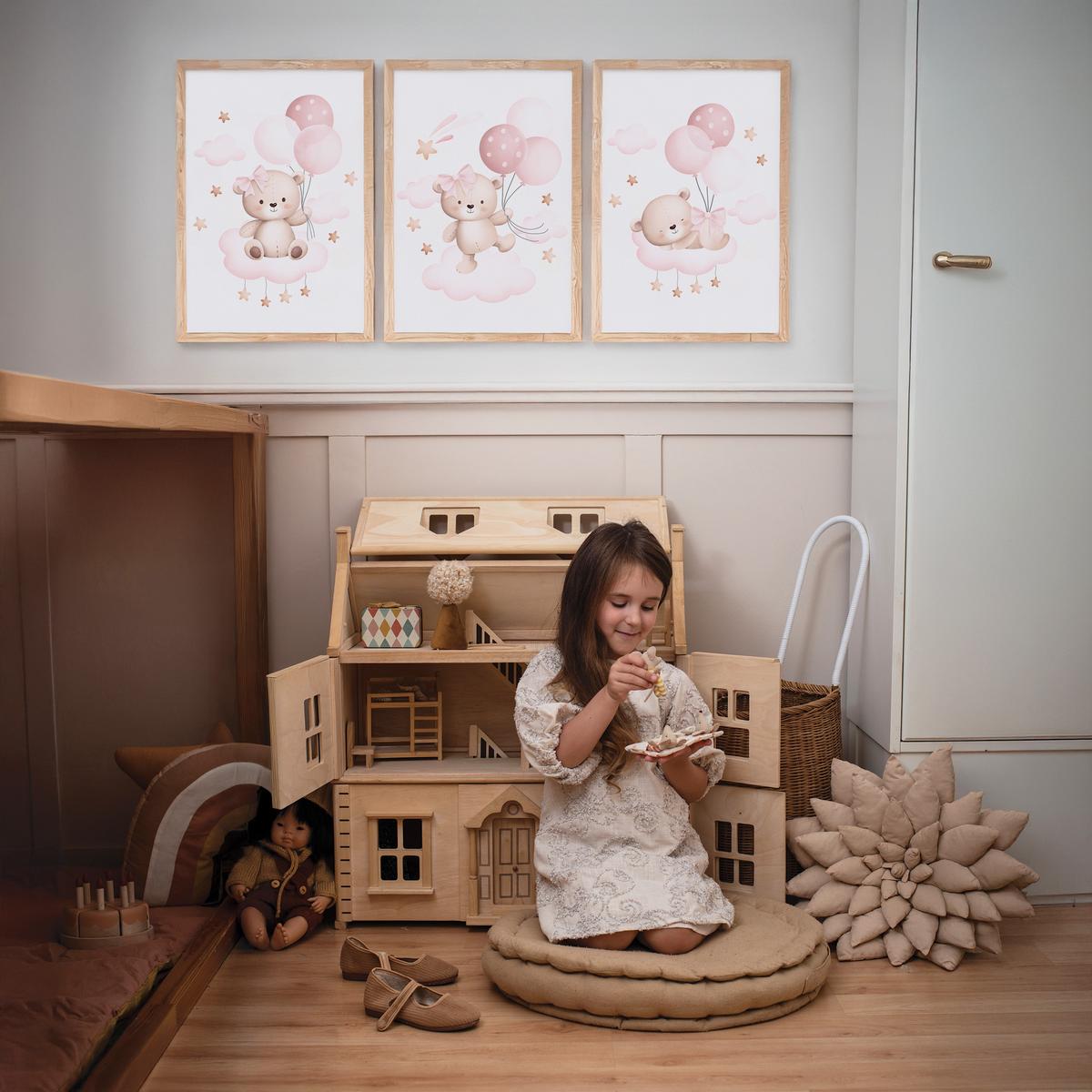 POSTER SET für Kinderzimmer Teddybären Ballons Wolken Sterne 3x Poster A4 21x30cm - Beige/Rosa, Papier (21/30/1cm) - Muralo
