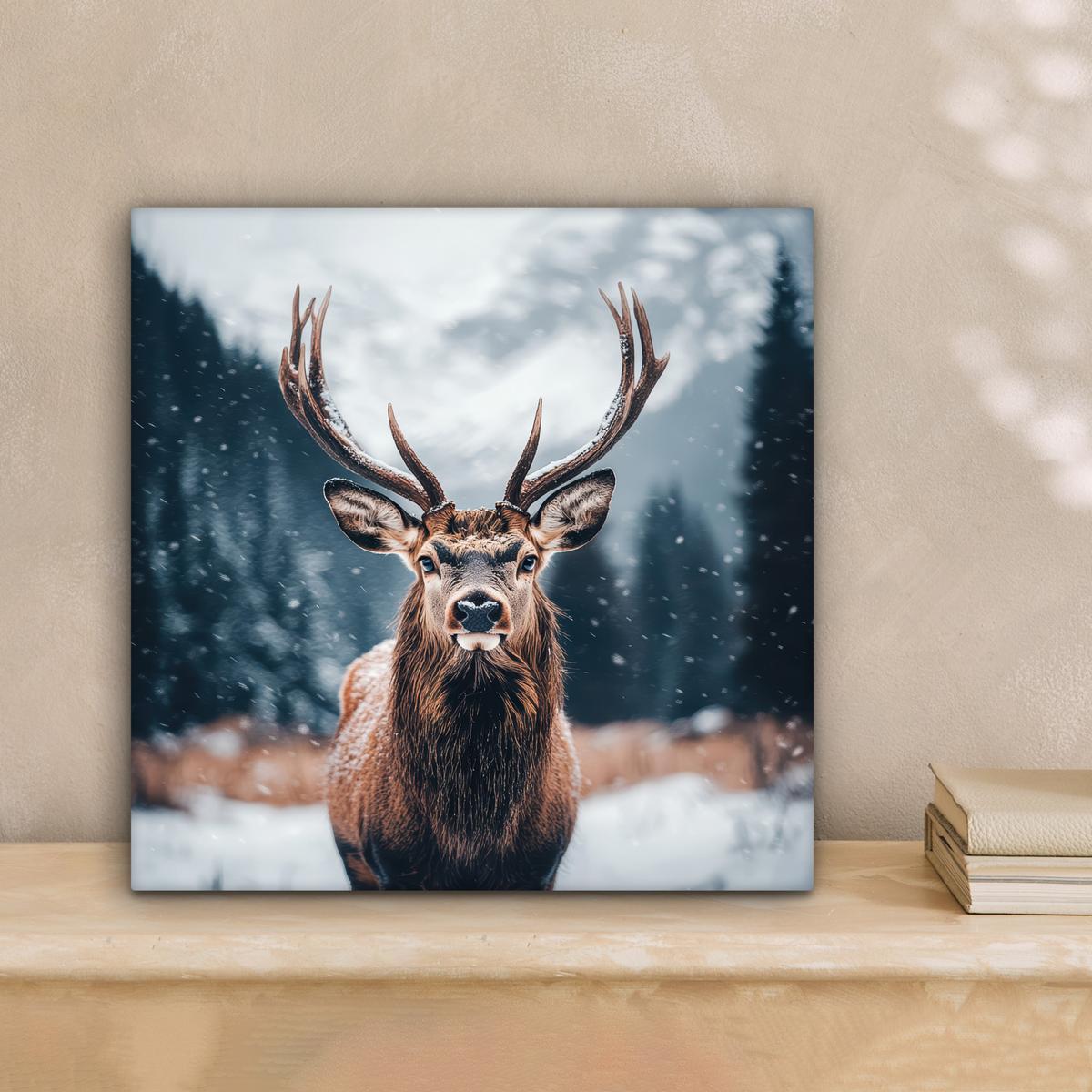 LEINWANDBILD Hirsche - Tiere - Landschaft - Winter - Schnee Deko Wohnzimmer 20x20 cm - Kastanienfarben, Textil (20/20cm) - MuchoWow