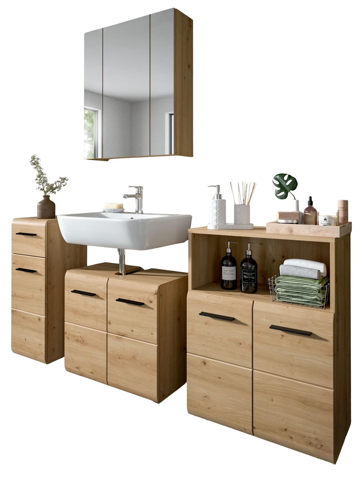 BADMÖBEL-SET 4-teilig in Eiche Artisan, Badezimmer Schrank-Set 180 x 185 cm - Schwarz/Eiche Artisan, Glas/Holzwerkstoff (180/185/30cm) - Inn.Furn