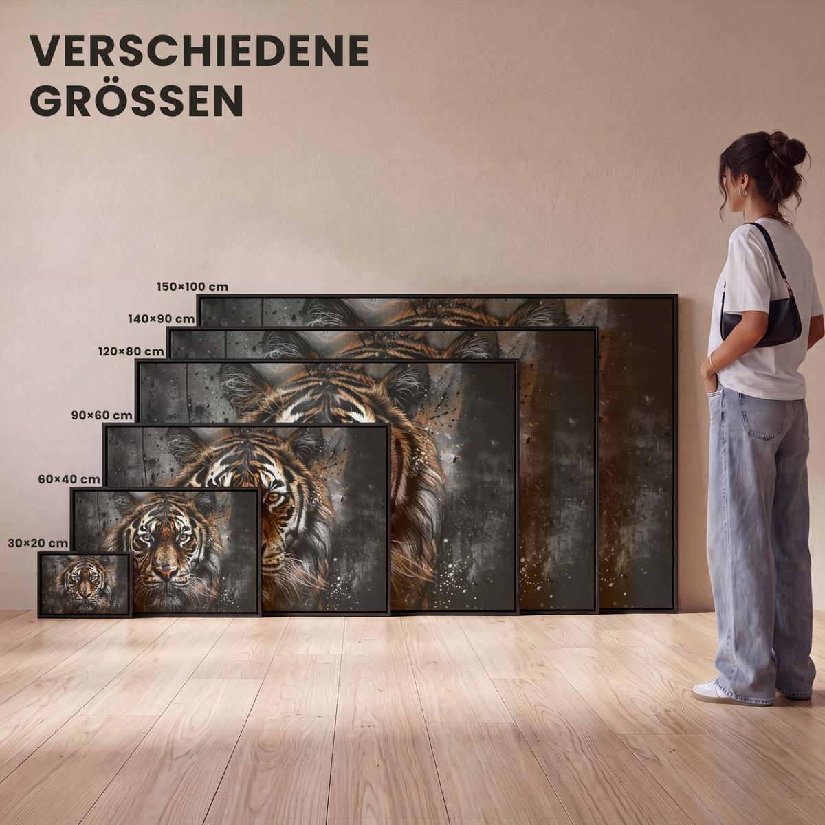 LEINWAND Bilder mit Rahmen - Tiger - Tiere - Porträt - Luxus - Schwarz - 120x80 - Braun, Textil (120/80cm) - MuchoWow