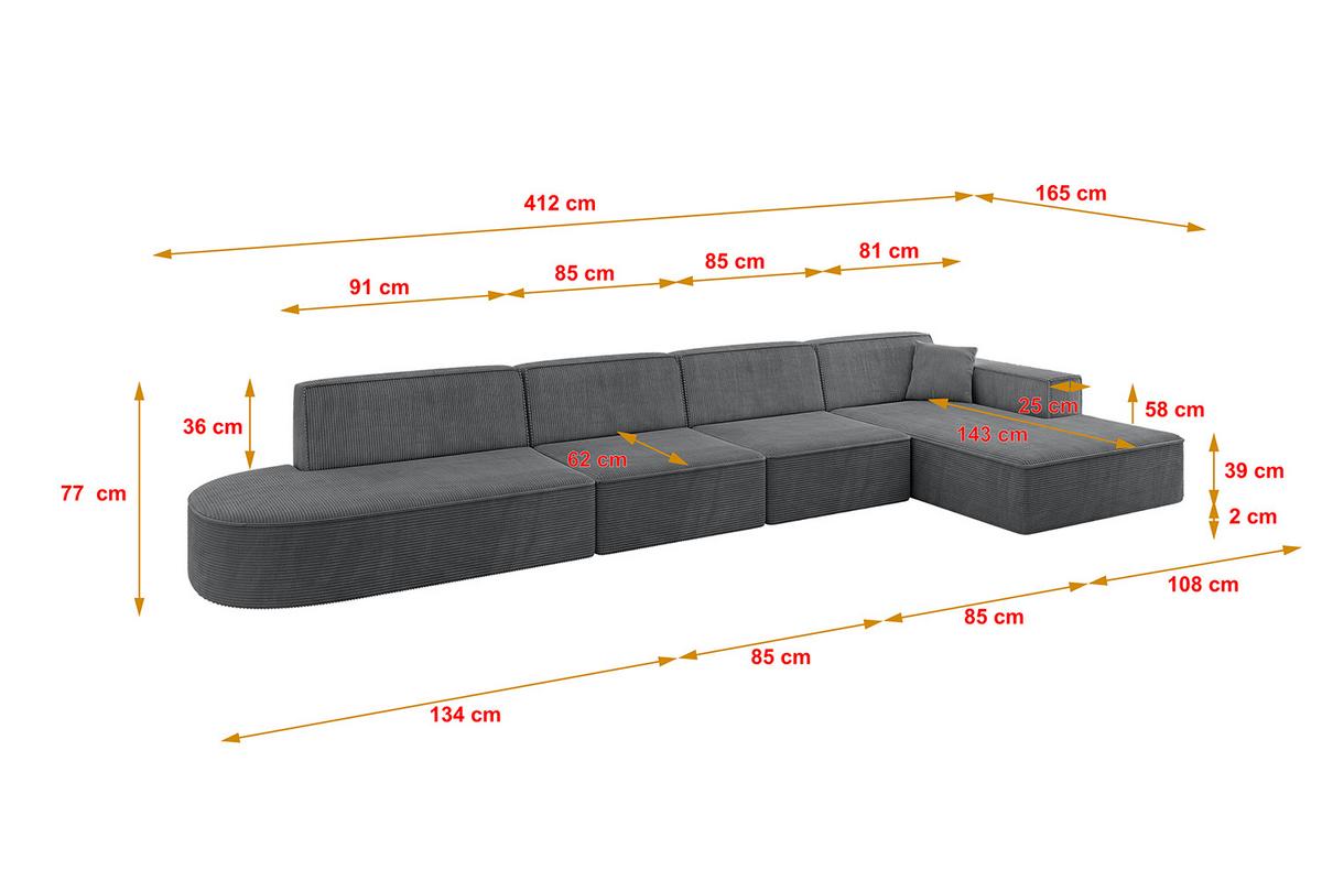 ECKSOFA Ottomane Rechts IREA-L3-v4 - 412x165x77 cm Duneklgrau - Dunkelgrau, Holzwerkstoff/Textil (412/165cm) - ALTDECOR