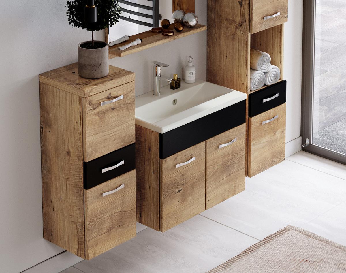 BADMÖBEL-SET Alba 5 Teile Kastanien Eiche mit Schwarz - 60 x 35 x 51 cm - Eichefarben/Schwarz, Holz (60/51/35cm) - Badplaats