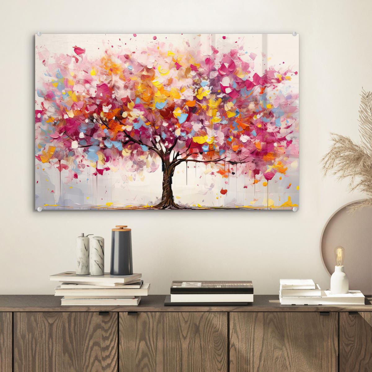ACRYLGLASBILD Aquarell - Baum - Kunst - Abstrakt Wanddeko 60x40 cm - Multicolor, Glas (60/40cm) - MuchoWow