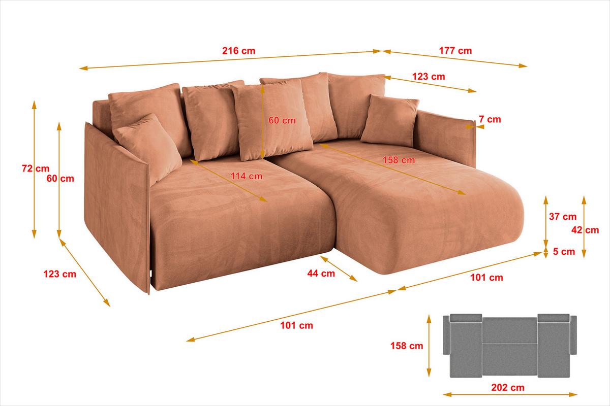 ECKSOFA Ottomane rechts ONESK-L 216x177x72 Koralle Velours - Koralle, Holzwerkstoff/Kunststoff (177/216cm) - ALTDECOR
