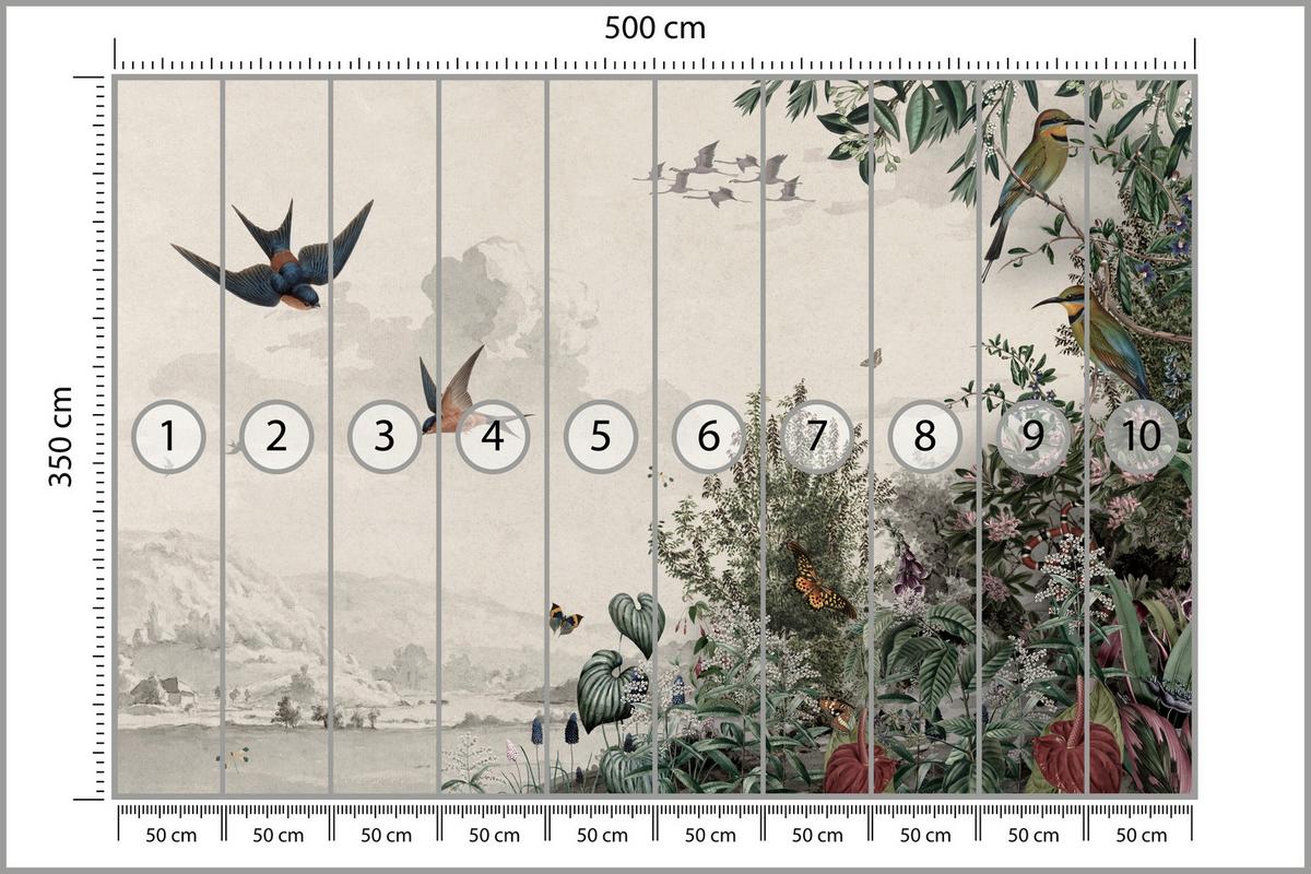 FOTOTAPETE für Wohnzimmer Retro Tropenlandschaft Vögel Büsche 500x350 - Beige/Rot, Papier (500/350cm) - Muralo