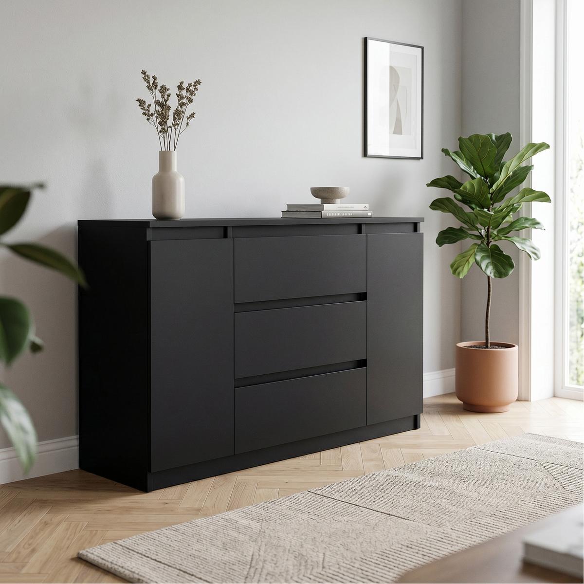 KOMMODE NUDO 120/78,5/39cm mit 3 Schubladen 2 Türen Schwarz - Schwarz, Holzwerkstoff (120/78.5/39cm) - MASSENO