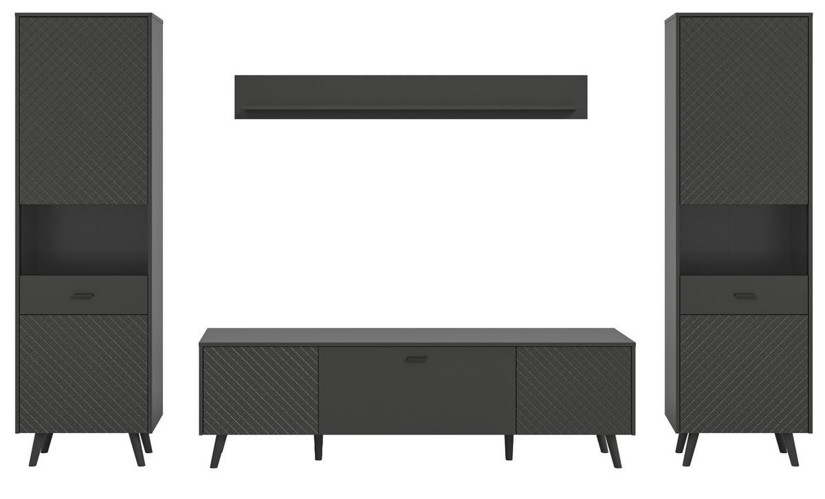 WOHNWAND grau matt 4-teilig 331 cm, Schrankwand mit Struktur - Schwarz/Grau, Glas/Holzwerkstoff (331/195/40cm) - Inn.Furn