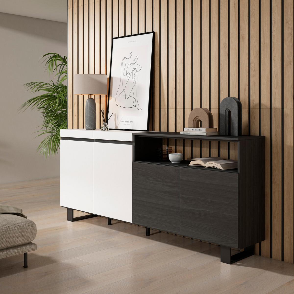 SIDEBOARD weiß und schwarz, 200/35/87cm - Multicolor, Holzwerkstoff (200/87/35cm) - Skraut Home