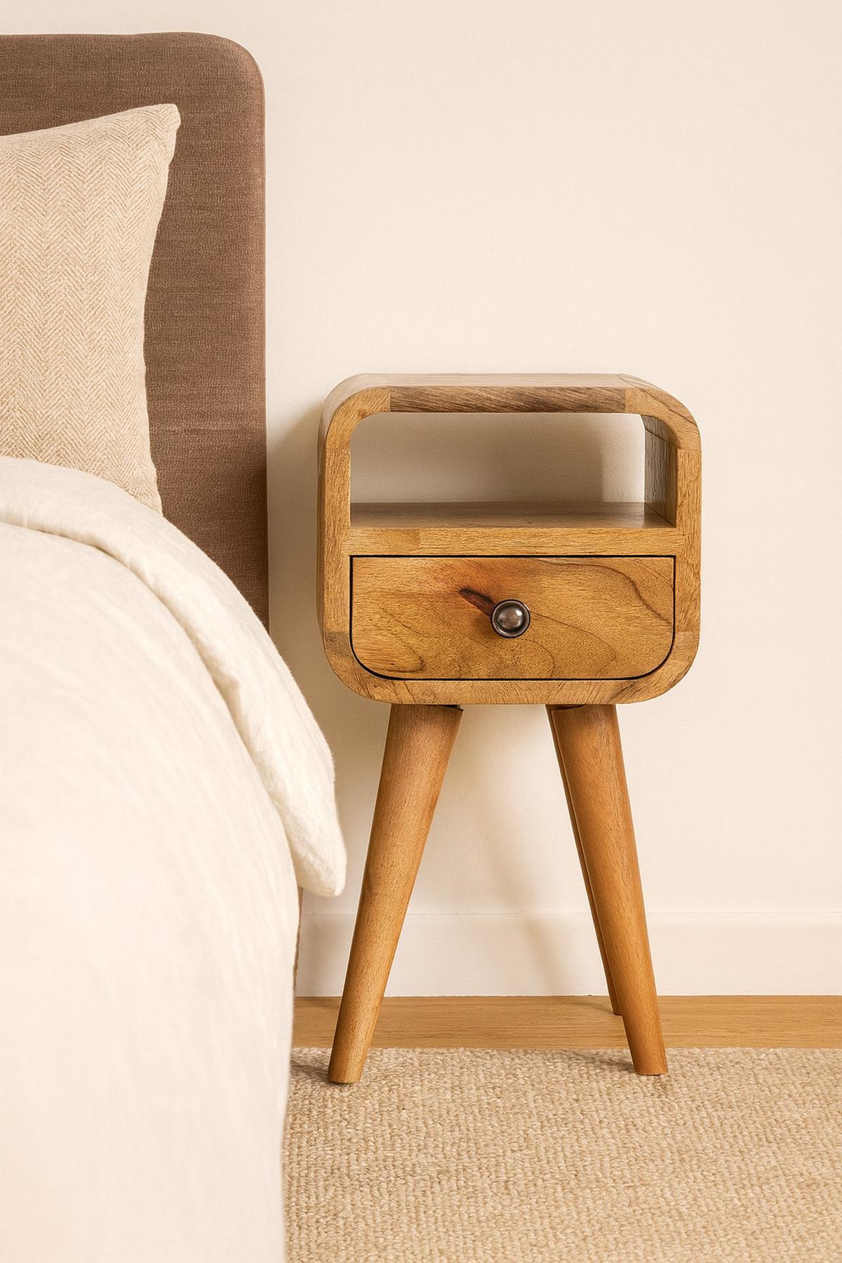 NACHTKASTEN Extra Mini Eichenoptik Geschwungen, 1 Schublade und Offenes Fach, Beige - Beige/Messingfarben, Holz/Metall (20/40/20cm) - Artisan Furniture