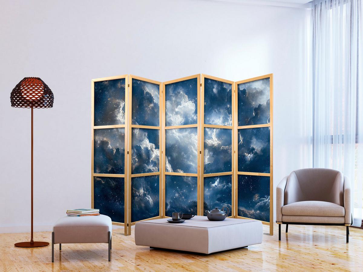 PARAVENT Japanischer 5-tlg 225x172 cm Wolken Und Sterne - Blau, Holz/Textil (225/172/3cm) - Muralo